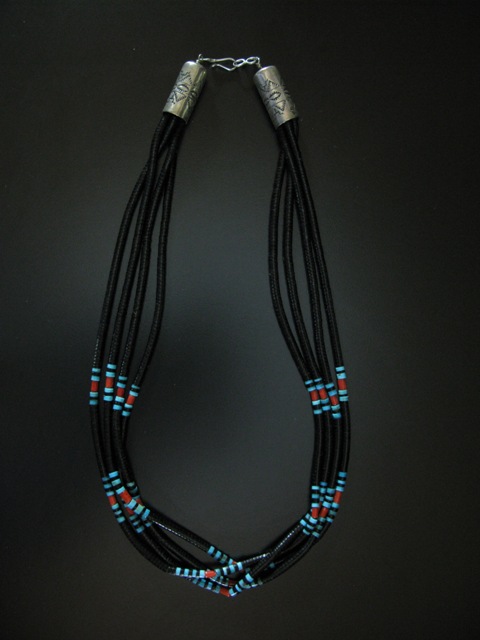 Jet Turquoise and Coral four Strand Heishi Necklace