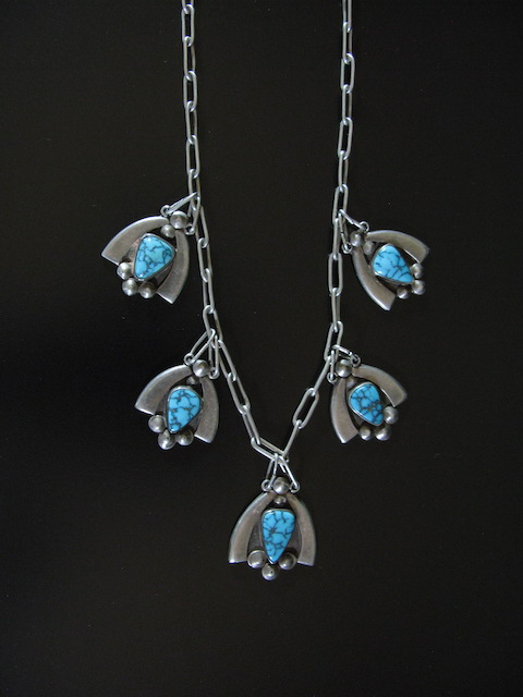 Mid Century Black Web Number Eight Turquoise Five Pendant Necklace