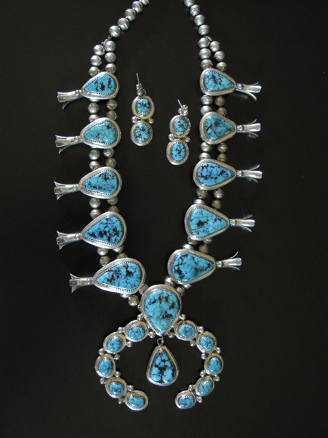 Mike Platero Blue Diamond Turquoise Squash Blossom and Earring Set