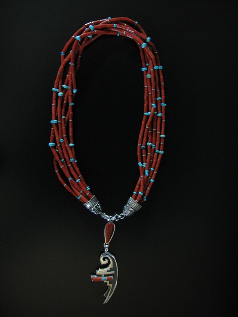 Don Supplee Six Strand Coral and Turquoise Parrot Necklace