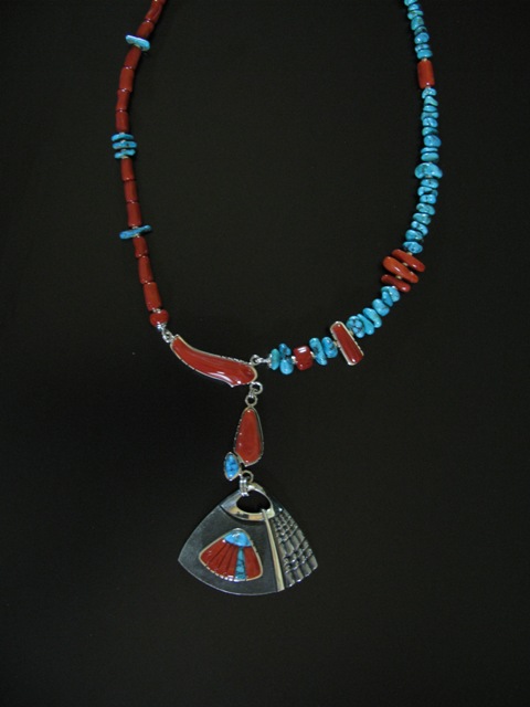Don Supplee Coral and Turquoise Sterling Shell Necklace