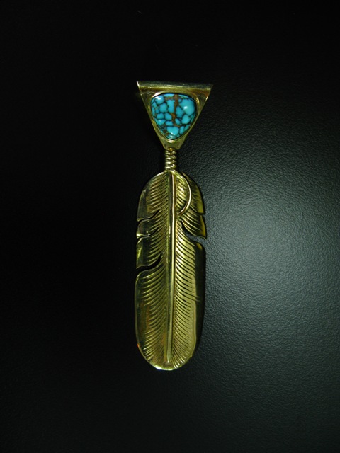 Harvey Mace 14k Gold and Turquoise Feather Pendant