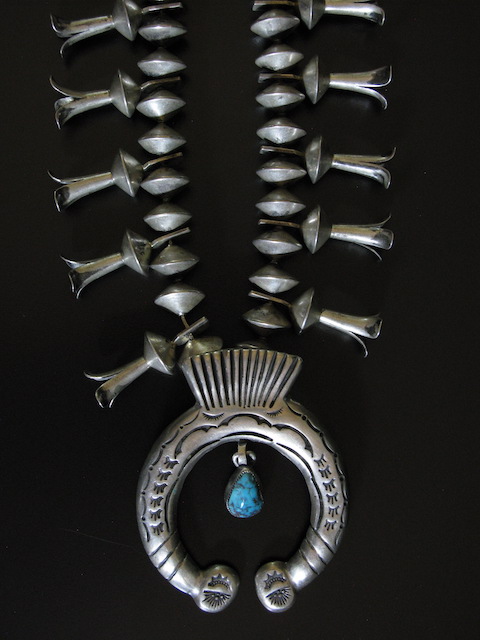 Coin Silver Squash Blossom w Turquoise Drop