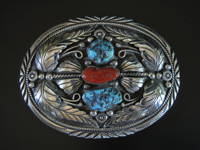 John G Begay  Oval Turquoise and Coral Nugget Buckle
