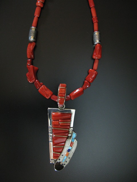 Wes Willie 14k Sterling and Coral Eagle Feather Necklace