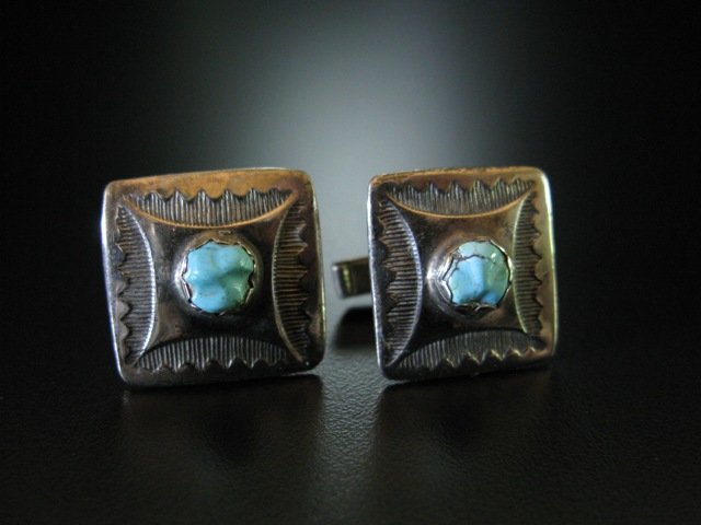 Early Square Carved Turquoise Cufflinks