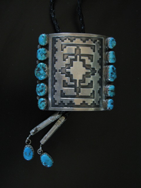 Navajo Rug w Turquoise Nuggets Bolo