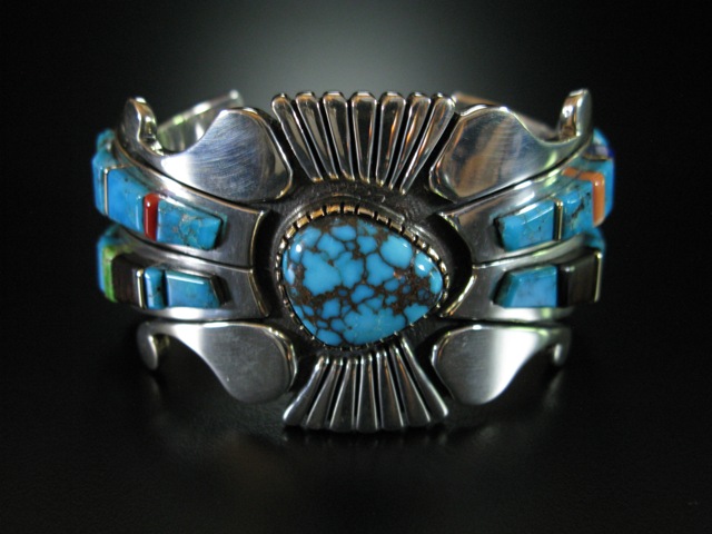 Wes Willie Sterling and 14k Candelaria Turquoise Bracelet  6.75 to 7