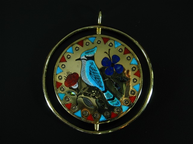 Jake and Irene Livingston 14k Bluejay Spinner Pendant