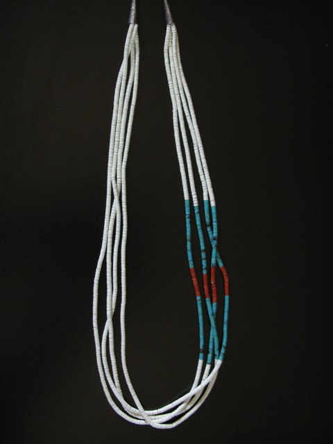 Vintage Four Strand Clam Turquoise and Coral Heishi Necklace