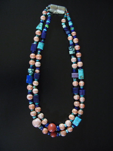Gold Diamond Two Strand Multi Stone Bead Necklace