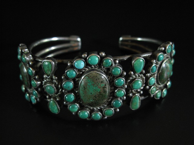 1930's Green Turquoise Cluster Row Bracelet 6.5
