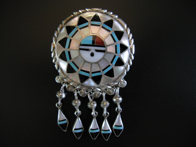 Ricky and Lucy Kallestewa Zuni Sunface Pin w Dangles
